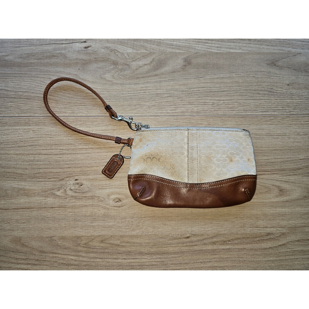 Coach Women's Signature Wristlet Pouch Beige Brown Canvas Leather y2k minimalist